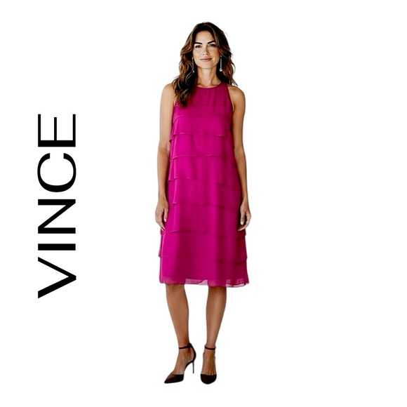 VINCE Pure Silk Magenta Ruffle Tiered Halter-like Cocktail Dress NWOT SZ 10 - Picture 7 of 7